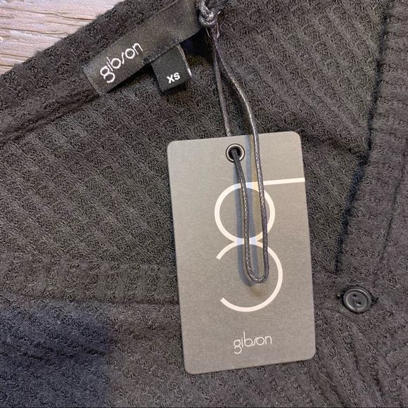 NWT Gibson Black Thermal Waffle Knit Tie Front Button Down Top XS - Picture 9 of 11
